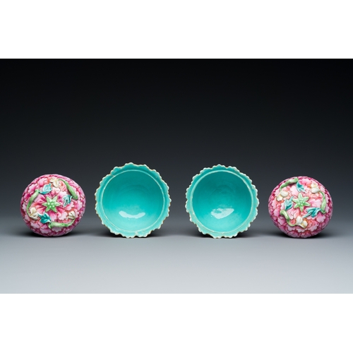 220 - A fine pair of Chinese famille rose 'lotus' bowls and covers on stands, QianlongDescription:Dia.: 15... 