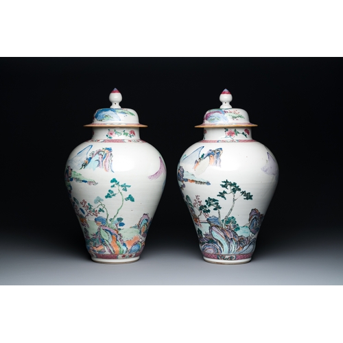 221 - A pair of Chinese famille rose vases and covers with mountainous river landscapes, YongzhengDescript... 