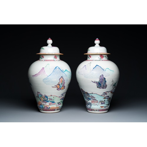 221 - A pair of Chinese famille rose vases and covers with mountainous river landscapes, YongzhengDescript... 