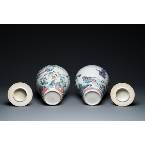 221 - A pair of Chinese famille rose vases and covers with mountainous river landscapes, YongzhengDescript... 