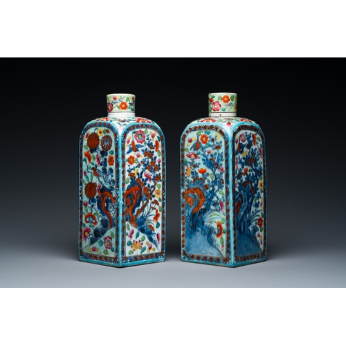 232 - A pair of Chinese blue and white square flasks with European overdecoration, KangxiDescription:H.: 2... 