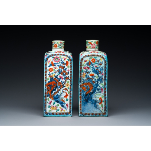 232 - A pair of Chinese blue and white square flasks with European overdecoration, KangxiDescription:H.: 2... 