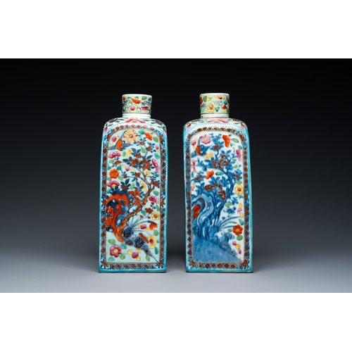 232 - A pair of Chinese blue and white square flasks with European overdecoration, KangxiDescription:H.: 2... 