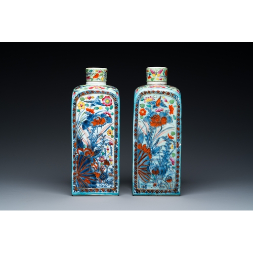 232 - A pair of Chinese blue and white square flasks with European overdecoration, KangxiDescription:H.: 2... 