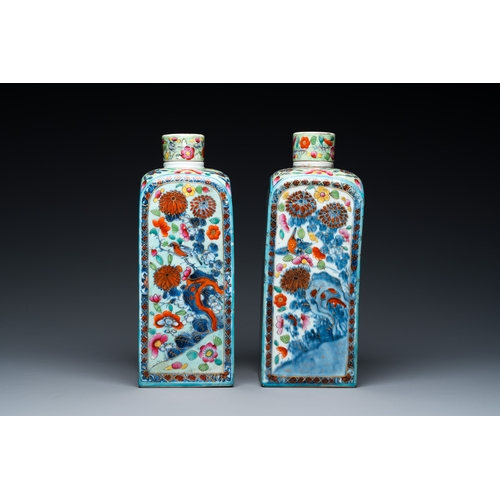 232 - A pair of Chinese blue and white square flasks with European overdecoration, KangxiDescription:H.: 2... 