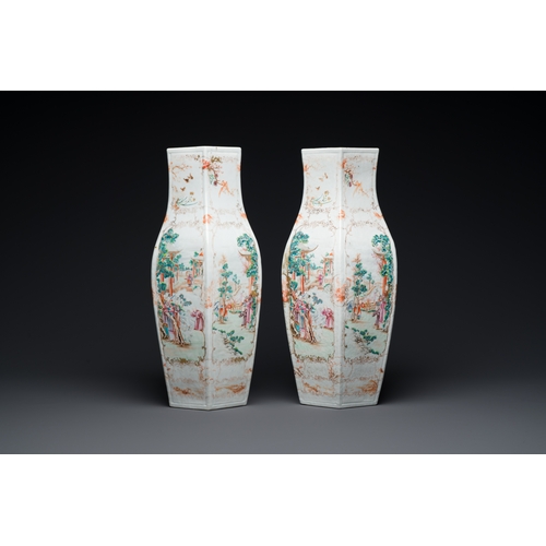 236 - A pair of Chinese hexagonal famille rose 'mandarin subject' vases, QianlongDescription:H.: 43 cmCond... 