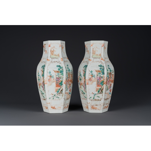 236 - A pair of Chinese hexagonal famille rose 'mandarin subject' vases, QianlongDescription:H.: 43 cmCond... 