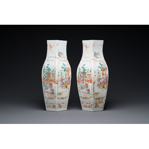 236 - A pair of Chinese hexagonal famille rose 'mandarin subject' vases, QianlongDescription:H.: 43 cmCond... 