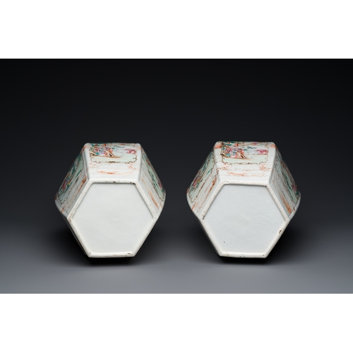 236 - A pair of Chinese hexagonal famille rose 'mandarin subject' vases, QianlongDescription:H.: 43 cmCond... 