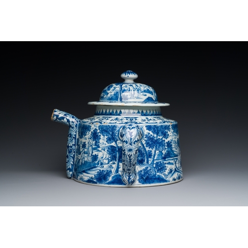 345 - An extremely rare Dutch Delft blue and white posset pot, early 18th C.Description:L.: 27,5 (incl. th... 