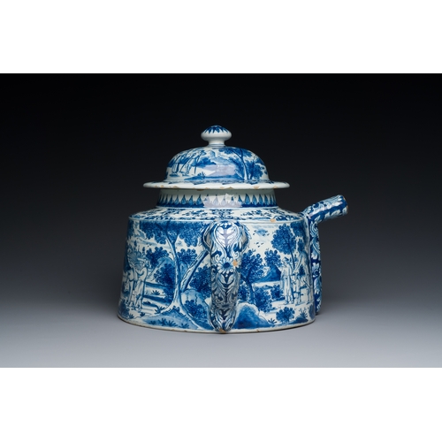 345 - An extremely rare Dutch Delft blue and white posset pot, early 18th C.Description:L.: 27,5 (incl. th... 