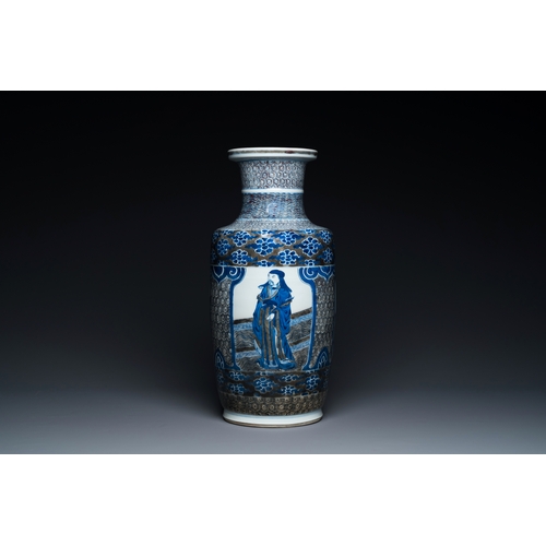 144 - A Chinese blue, white and copper-red 'Sanxing' rouleau vase, KangxiDescription:H.: 42 cm Provenance:... 