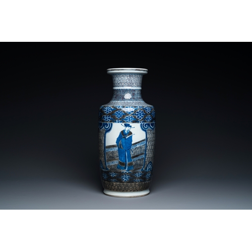 144 - A Chinese blue, white and copper-red 'Sanxing' rouleau vase, KangxiDescription:H.: 42 cm Provenance:... 