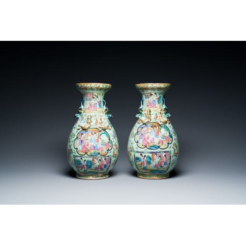 15 - A pair of Chinese Canton famille rose celadon-ground vases, 19th C.Description:H.: 37,5 cmCondition ... 