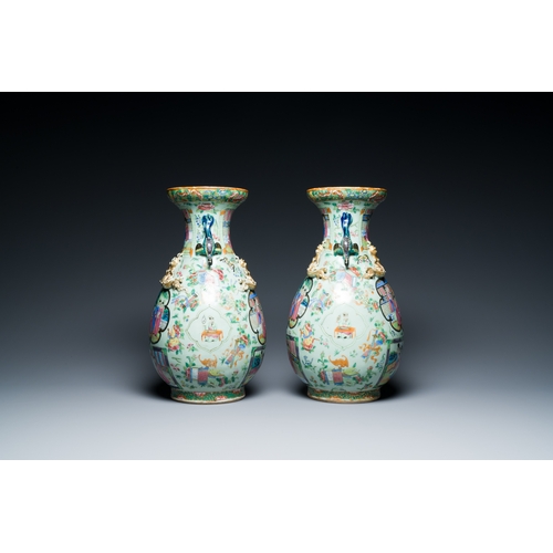 15 - A pair of Chinese Canton famille rose celadon-ground vases, 19th C.Description:H.: 37,5 cmCondition ... 