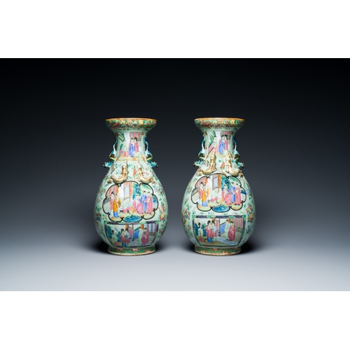 15 - A pair of Chinese Canton famille rose celadon-ground vases, 19th C.Description:H.: 37,5 cmCondition ... 