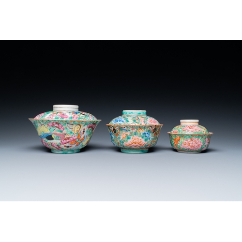 19 - Three Chinese Canton famille rose bowls and covers for the Thai market, 19th C.Description:Dia.: 14,... 