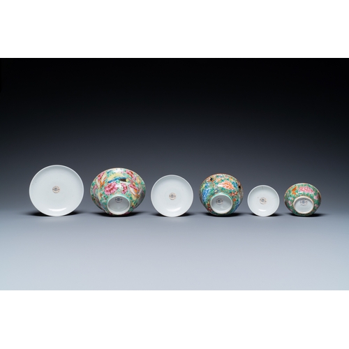 19 - Three Chinese Canton famille rose bowls and covers for the Thai market, 19th C.Description:Dia.: 14,... 