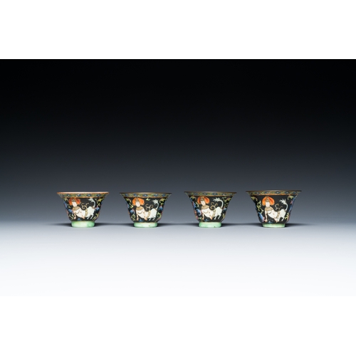 21 - Four Chinese Thai market Bencharong 'Theppanom' wine cups, 19th C.Description:Dia.: 6 cm - H.: 4 cmC... 