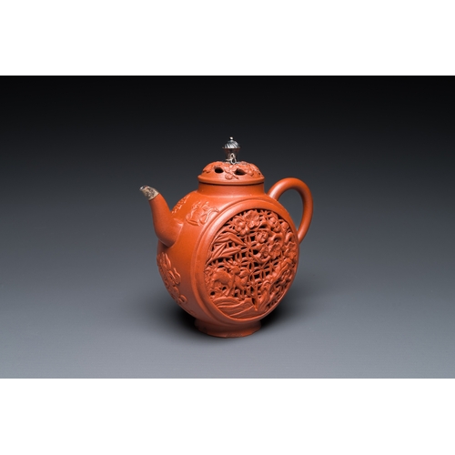 29 - A Chinese reticulated double-walled Yixing stoneware teapot and cover with silver mounts, KangxiDesc... 