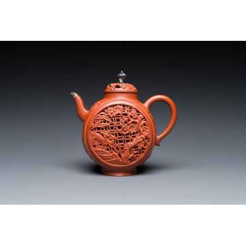 29 - A Chinese reticulated double-walled Yixing stoneware teapot and cover with silver mounts, KangxiDesc... 