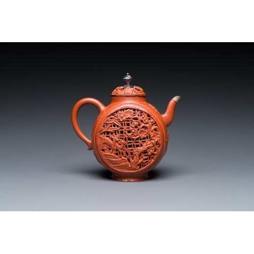 29 - A Chinese reticulated double-walled Yixing stoneware teapot and cover with silver mounts, KangxiDesc... 