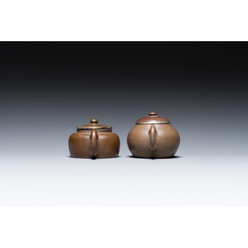 30 - Two Chinese Yixing stoneware teapots and covers with brass mounts, one with Yigong é¸å¬ seal mark,... 