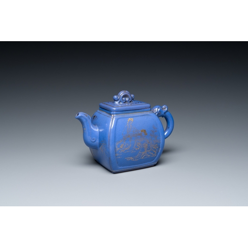 33 - A Chinese gilt-decorated blue-enamelled Yixing stoneware teapot and cover, Qianlong mark, 20th C.Des... 