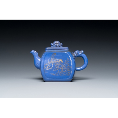 33 - A Chinese gilt-decorated blue-enamelled Yixing stoneware teapot and cover, Qianlong mark, 20th C.Des... 