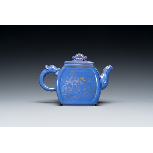 33 - A Chinese gilt-decorated blue-enamelled Yixing stoneware teapot and cover, Qianlong mark, 20th C.Des... 