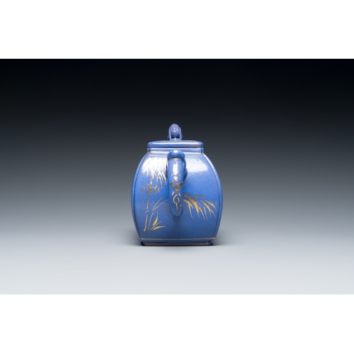 33 - A Chinese gilt-decorated blue-enamelled Yixing stoneware teapot and cover, Qianlong mark, 20th C.Des... 