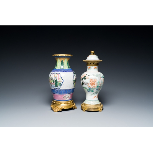 38 - A Chinese famille verte vase and an enamelled Yixing stoneware vase with gilt bronze mounts, 19th C.... 