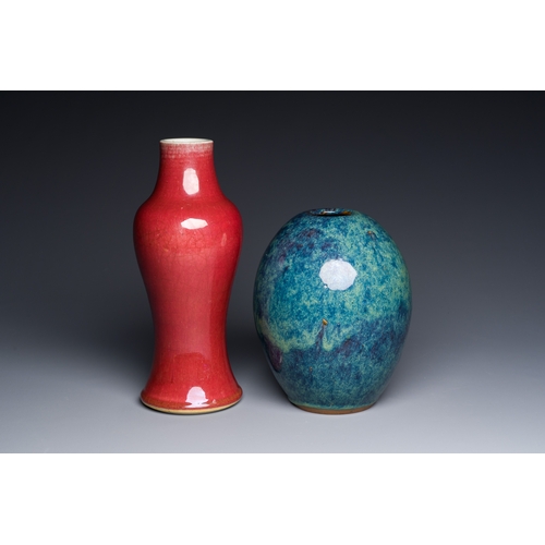 39 - A Chinese copper-red-glazed vase and a flambe-glazed Yixing stoneware vase with Ge Mingxiang Zao è... 