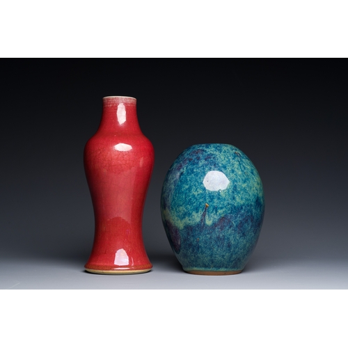 39 - A Chinese copper-red-glazed vase and a flambe-glazed Yixing stoneware vase with Ge Mingxiang Zao è... 