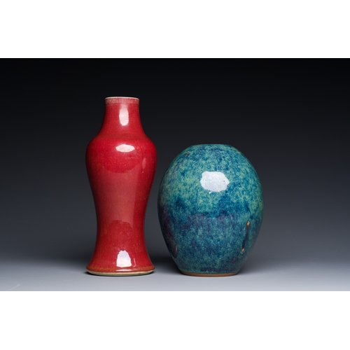 39 - A Chinese copper-red-glazed vase and a flambe-glazed Yixing stoneware vase with Ge Mingxiang Zao è... 