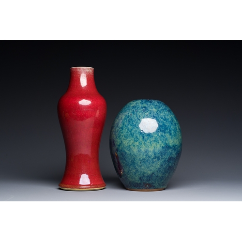 39 - A Chinese copper-red-glazed vase and a flambe-glazed Yixing stoneware vase with Ge Mingxiang Zao è... 