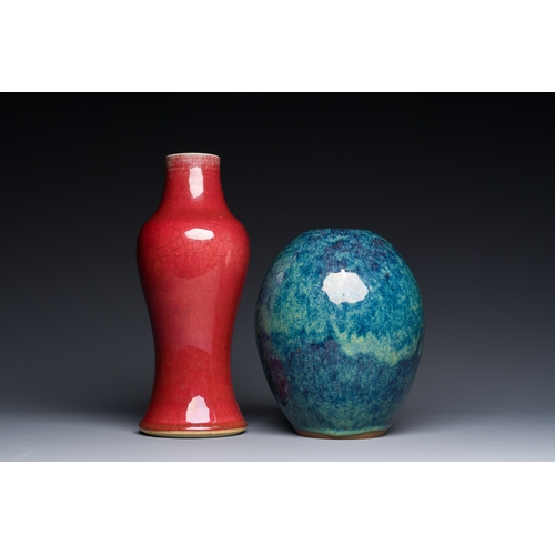 39 - A Chinese copper-red-glazed vase and a flambe-glazed Yixing stoneware vase with Ge Mingxiang Zao è... 