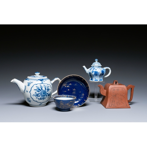 40 - Two Chinese blue and white teapots, one in Yixing stoneware and a powder-blue cup and saucer, Kangxi... 