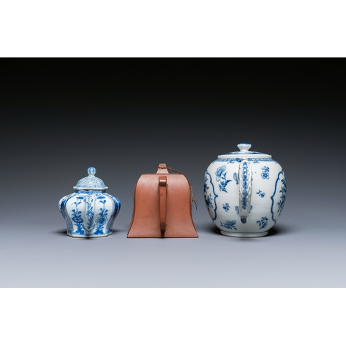 40 - Two Chinese blue and white teapots, one in Yixing stoneware and a powder-blue cup and saucer, Kangxi... 