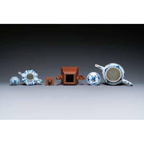 40 - Two Chinese blue and white teapots, one in Yixing stoneware and a powder-blue cup and saucer, Kangxi... 