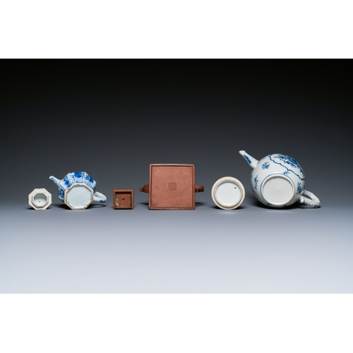 40 - Two Chinese blue and white teapots, one in Yixing stoneware and a powder-blue cup and saucer, Kangxi... 