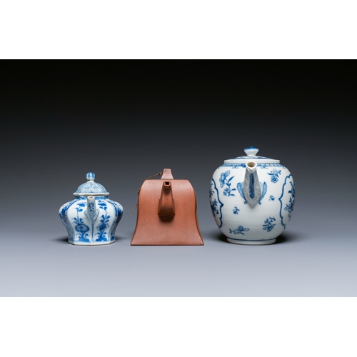 40 - Two Chinese blue and white teapots, one in Yixing stoneware and a powder-blue cup and saucer, Kangxi... 