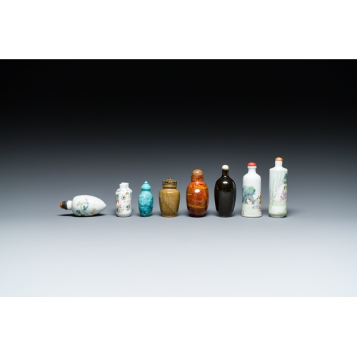 74 - Four Chinese famille rose snuff bottles and four others in hardstone and monochrome porcelain, 19/20... 