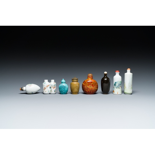 74 - Four Chinese famille rose snuff bottles and four others in hardstone and monochrome porcelain, 19/20... 