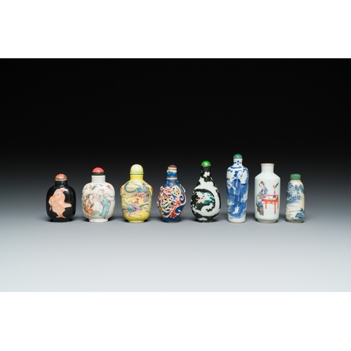 77 - Eight Chinese blue and white, famille noire and famille rose snuff bottles, various marks, 19th C.De... 