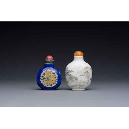 84 - Two Chinese snuff bottles in blue-ground and grisaille-decorated porcelain, Daoguang mark and of the... 