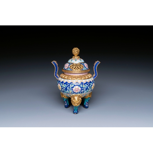 88 - A Chinese 'imperial tribute' blue-ground Canton enamel incense burner and cover, Qianlong mark and o... 