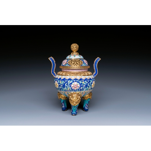 88 - A Chinese 'imperial tribute' blue-ground Canton enamel incense burner and cover, Qianlong mark and o... 