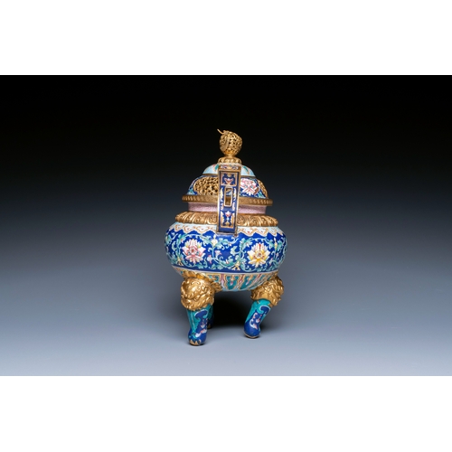 88 - A Chinese 'imperial tribute' blue-ground Canton enamel incense burner and cover, Qianlong mark and o... 