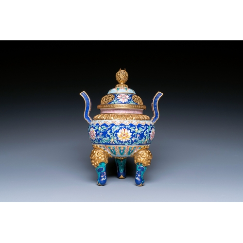 88 - A Chinese 'imperial tribute' blue-ground Canton enamel incense burner and cover, Qianlong mark and o... 